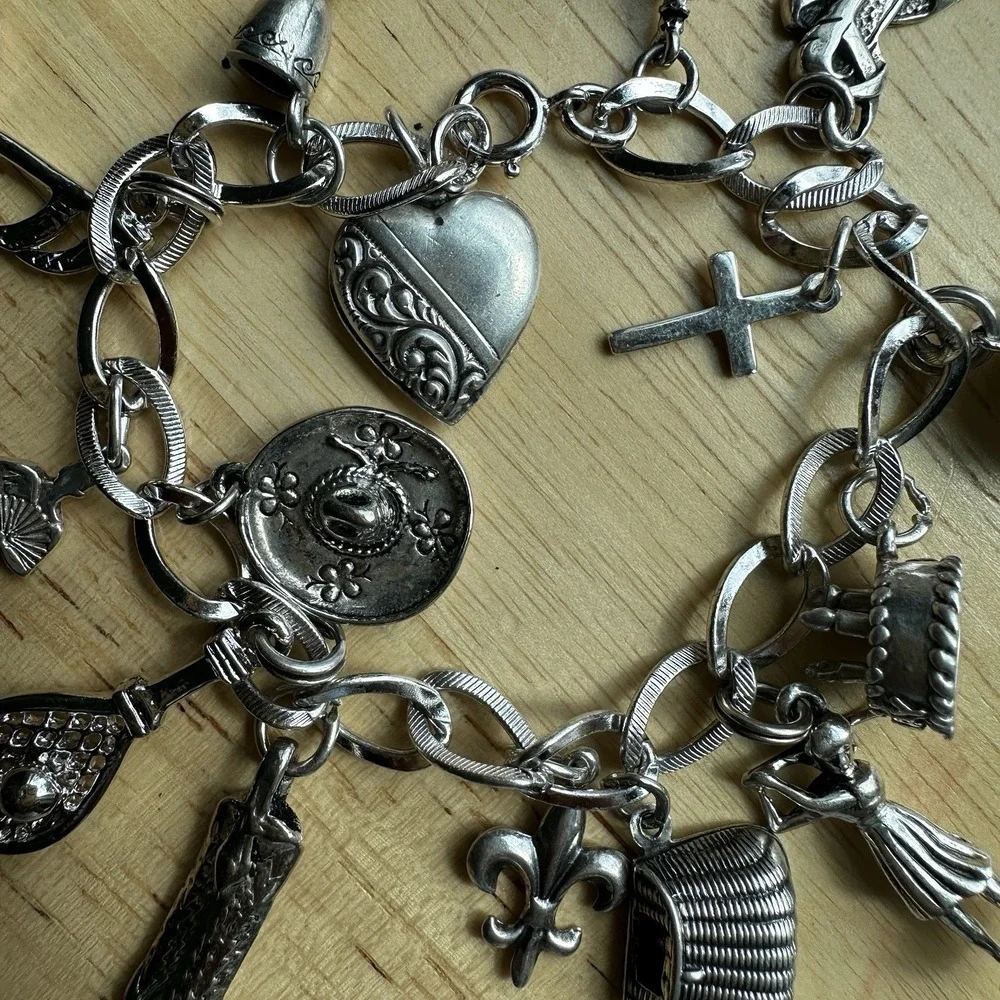 VTG Charm‎ Bracelet 6.5 Inch Sport Western Cross Heart Travel 925 Sterling 37.6g